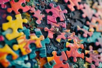 pile of colorful puzzle pieces on wall, Design brightly colored puzzle pieces forming brain to represent the complexity and diversity of mental health