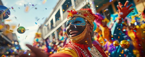 Vibrant Mardi Gras Celebration Colorful Floats Masked Revelers and Beads Galore