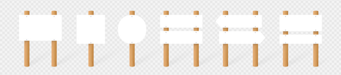 3d wooden sign set vector illustration. Realistic blank signboard on road, pointer with wood texture in signpost for pointing direction. Vector illustration