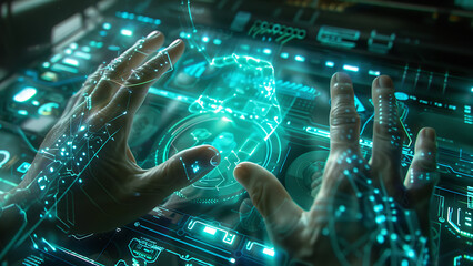 Fototapeta premium Advanced Tech Scene with Holographic Hands and Interface