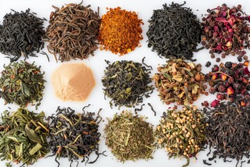 Fototapeta premium pile of dried and unpeensed tea leaves, Different types of tea leaves spread around clean, white surface