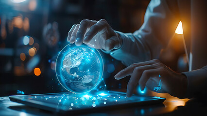 Smiling Man Video Calling on Tablet in Modern Cafe Setting