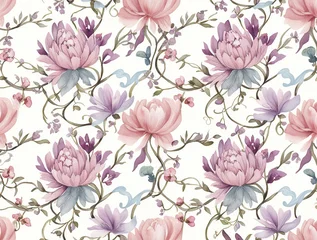 Rideaux Patrons Seamless pattern with watercolor flowers. Peonies, anemone, citrus and roses. Illustration   © 3D Design