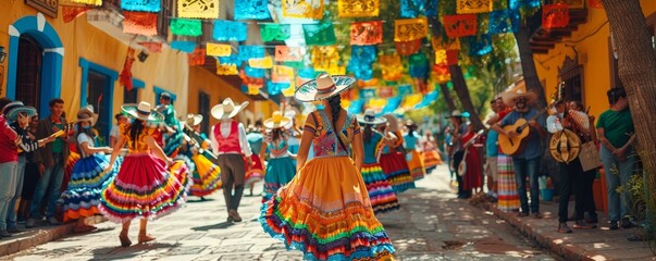 Vibrant Cinco de Mayo Fiesta Mariachi Bands Folk Dancers and Festive Decorations in Stunning Detail Captured