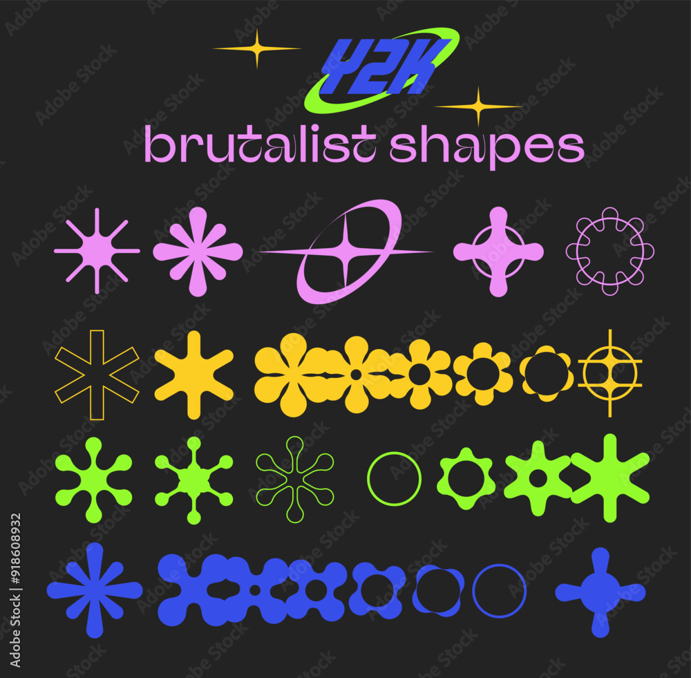 Poster Set of abstract geometric shapes and forms in neo brutalism and Y2K style.