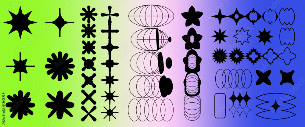 Poster set of abstract geometric shapes and forms in neo brutalism and y2k style.