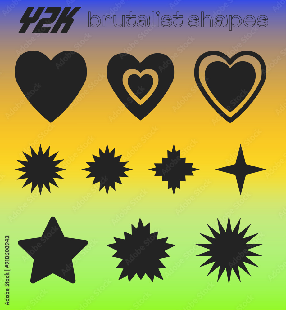 Poster Set of abstract geometric shapes and forms in neo brutalism and Y2K style.
