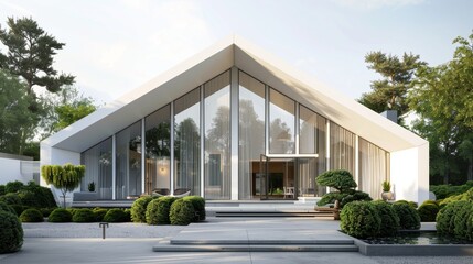 Fototapeta premium Inviting Modern White House with Gable Roof and Front Porch Bright Clean and Welcoming Home Exterior Stock Image