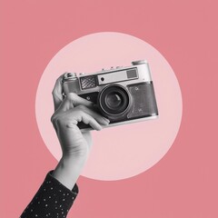 Poster. Contemporary art collage. Hand holds retro photo camera in monochrome filter against pink background. Concept of art, vintage things, mix old and modernity. Copy space for ad