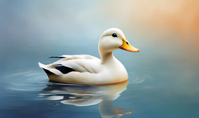 A calm, majestic duck with iridescent feathers and bright eyes on a soft gradient background