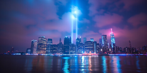 Patriot Day Tribute in Lights: Stunning night view of New York City skyline with twin beams of light honoring 9/11. A powerful symbol of remembrance, unity