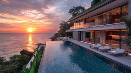 Modern beachfront villa at sunset - generative ai