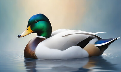 A calm, majestic duck with iridescent feathers and bright eyes on a soft gradient background