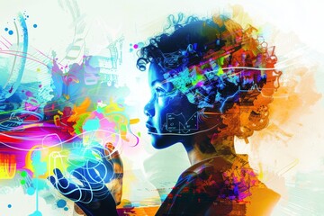 woman in virtual reality glasses looking at screen, Interactive digital poster representing the power of multimedia education