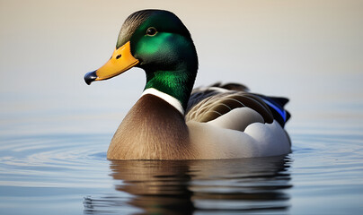 Obraz premium A calm, majestic duck with iridescent feathers and bright eyes on a soft gradient background