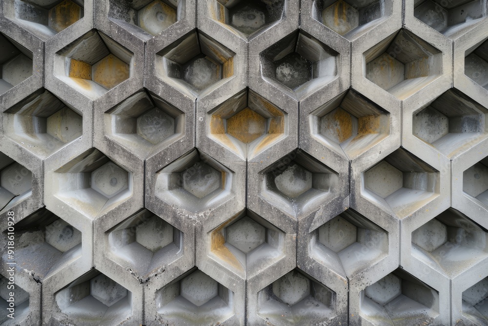 Poster black and white photo of building with hexagons, microscopic perspective of concrete honeycomb patte
