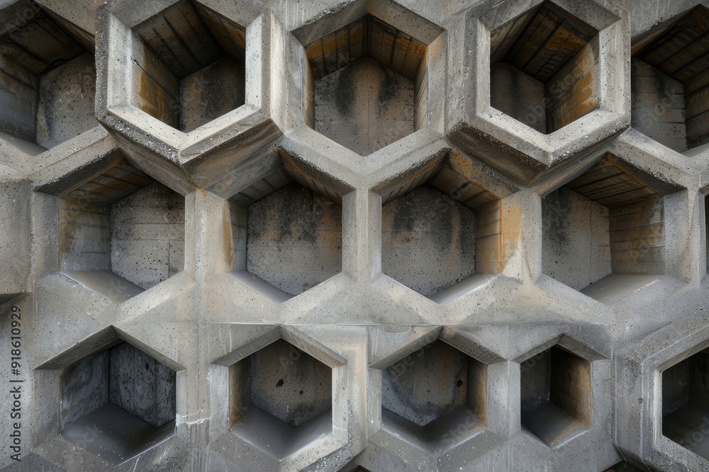 Poster black and white photo of building with hexagons, Microscopic perspective of concrete honeycomb pattern typical in neo-brutalist architecture