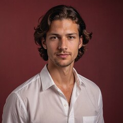 Obraz premium WavyHaired Man in White Shirt on Red Background