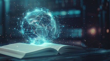 Digital World Unveiled Glowing Holographic Globe Emerges from Open Book on Futuristic Surface with Interconnected Lines and Nodes Global Knowledge Concept in Dark Blue Illumination