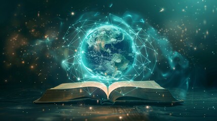 Global Connection Illuminated Holographic Globe Emerging from Open Book on Digital Surface with Technological Details and Blue Lights Futuristic Concept of Interconnected World