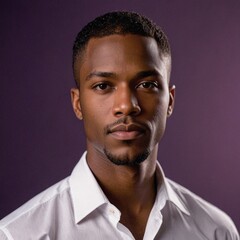 Obraz premium Stylish African American Male in White Shirt against Purple Background