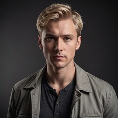 Obraz premium Dramatic Closeup of Intense Caucasian Man in Casual Attire on Charcoal Grey Background