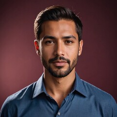 Obraz premium Hispanic man in blue shirt against burgundy backdrop
