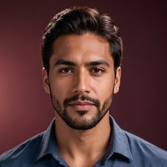 Fototapeta premium Hispanic man in blue shirt against burgundy backdrop