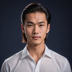 Fototapeta premium Confident Asian Man with Long Hair Tied Back on Navy Blue Background