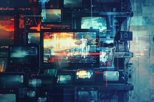 city with lot of balloons, Motion graphic art featuring multimedia paradise with all forms of media co-existing