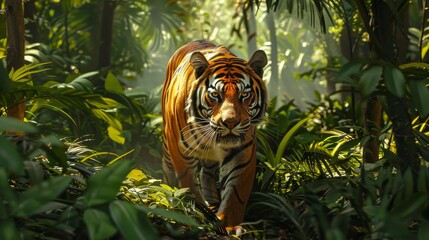 Obraz premium Wild Tiger Roaming Jungle Powerful and Graceful Predator in Lush Greenery Striking Orange and Black Stripes Dappled Sunlight Stealthy Presence Majestic Wildlife Photography