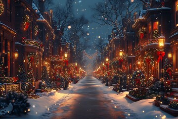 Naklejka premium A snowy Christmas city street aglow with festive lights and decorations.