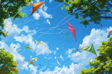 field with many kites flying in the sky, Numerous colorful kites flying high in the crisp blue sky in lush green park