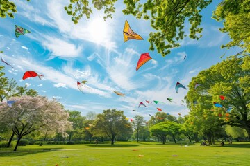 field with many kites flying in the sky, Numerous colorful kites flying high in the crisp blue sky in lush green park