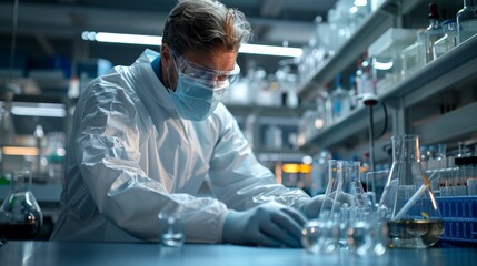 Scientist conducting experiments in a laboratory with various glassware and equipment during the daytime