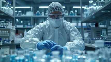 Scientist conducting experiments in a laboratory surrounded by glass vials and equipment during daytime