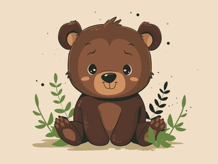 Naklejka premium Cute cartoon bear sitting in the meadow. Vector illustration.