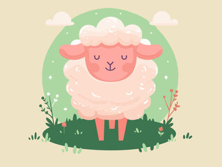 Cute sheep standing in the grass. Vector illustration in cartoon style.