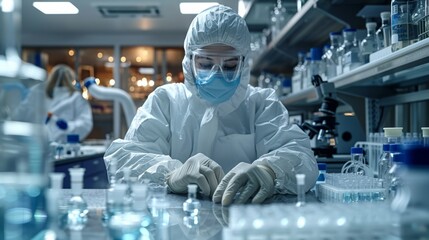 Scientist in protective gear working in a laboratory filled with glassware and equipment during the daytime