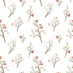 Seamless pattern with autumn twigs with berries, watercolor illustration