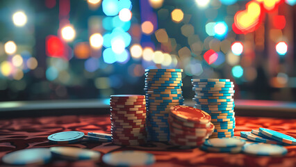 Coins and Poker Chips on Table