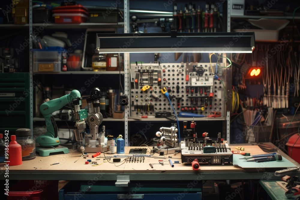Leinwandbilder workbench with lot of tools on it, robotics parts and tools on workbench