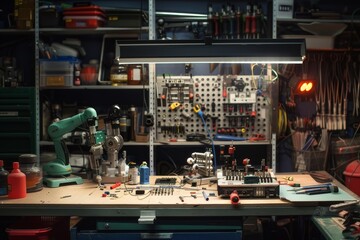 workbench with lot of tools on it, Robotics parts and tools on workbench