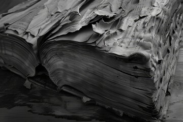 black and white photo of book, Rugged and torn pages of an age-old book, radiating the beauty of knowledge that lasts long