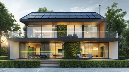 Fototapeta premium TechSavvy Eco Home Solar Panels Holographic Metrics Modern Architecture Sustainability Concept.