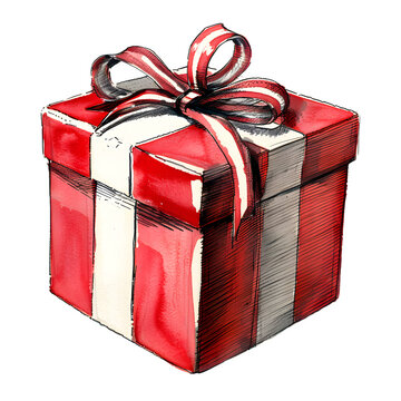 recommend clip art: Winter christmas red gift box with ribbon watercolor isolated white background