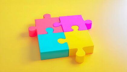 Colorful puzzle pieces on a vibrant yellow background symbolize creativity and problem-solving.