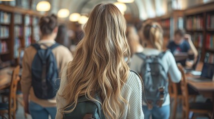 A young woman with long blonde hair and wearing an elegant sweater is studying at a table surrounded by other students