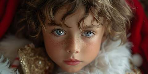 Closeup of a child sitting on Santas lap whispering their Christmas wishes captured using a macro lens with a bokeh effect to highlight the intimacy and excitement