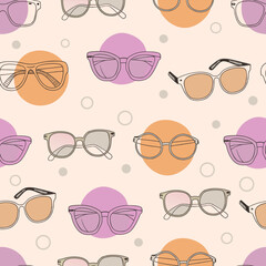 Seamless bright pattern with sunglasses and circles. Objects on beige background with purple and orange circles.